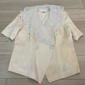 VTG Anne French Cream‎ Ramie Embellished Collar Short Sleeve Blazer Jacket